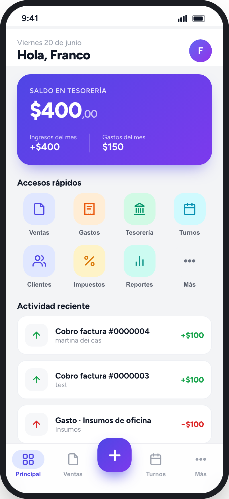 ContaSilvia en el celular — saldo en tesorería, accesos rápidos y actividad reciente